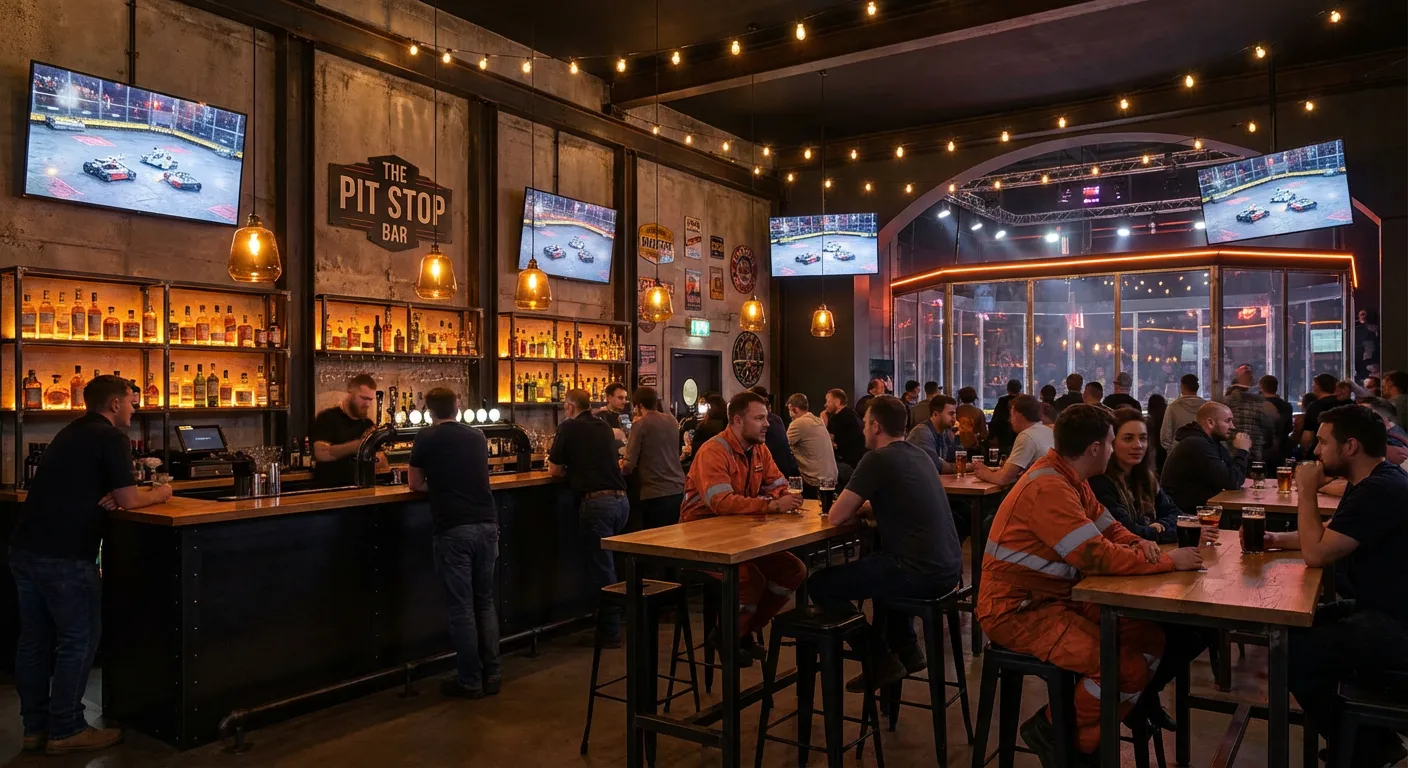 Industrial-themed bar area inside Mayhem Arena