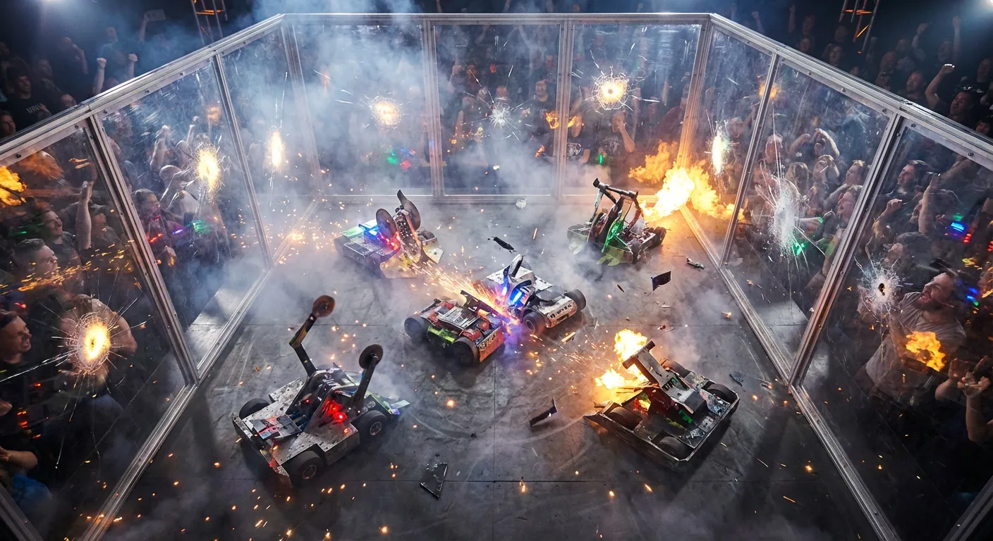 Four battlebots clash in an explosive Battle Royale inside Mayhem Arena