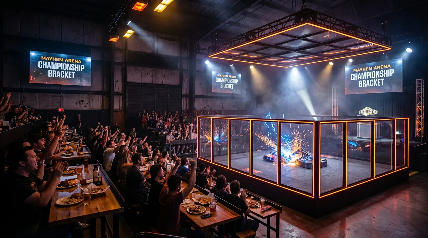 Four battlebots clash in an explosive Battle Royale inside Mayhem Arena