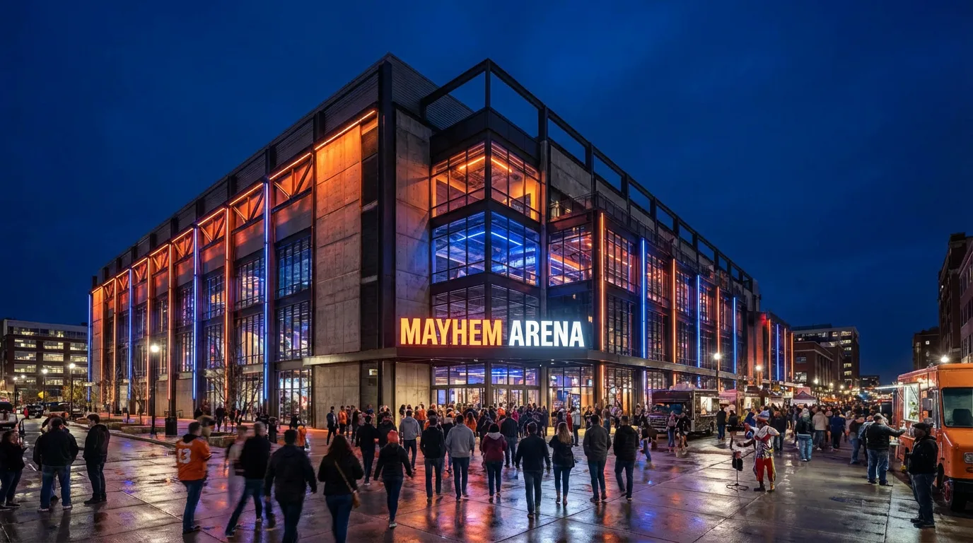 Mayhem Arena exterior — futuristic industrial combat arena at night