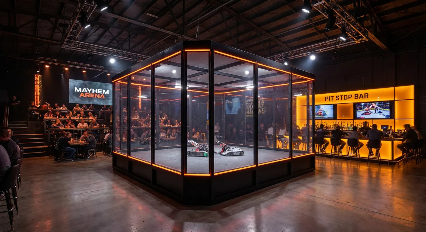 Mayhem Arena interior — tiered seating around polycarbonate combat box