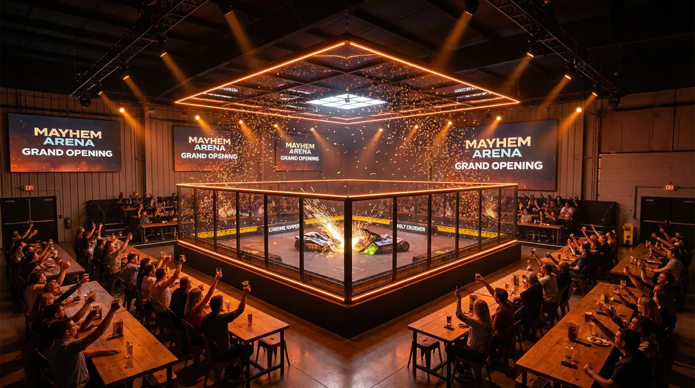 Mayhem Arena opening day — roofed combat arena with tiered dining seating