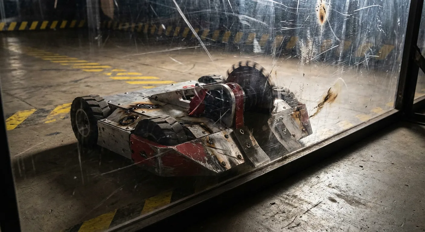 Battle-scarred combat robot seen through the polycarbonate arena wall