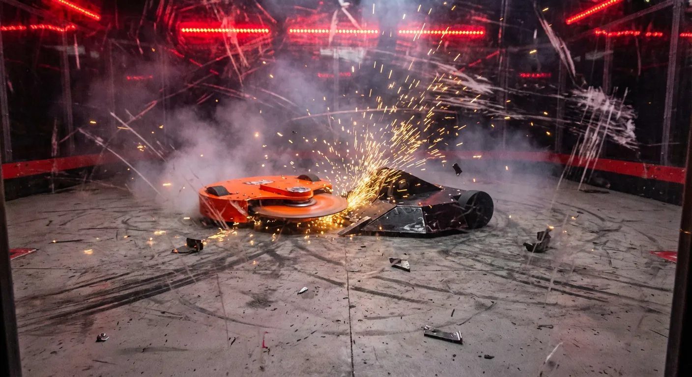 Orange spinning disc robot destroys a wedge bot inside the arena